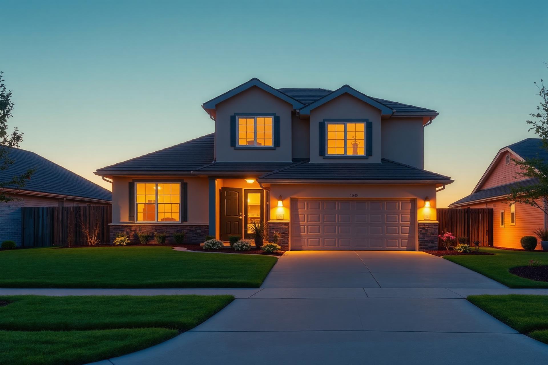 Modern American single-family rental home at dusk