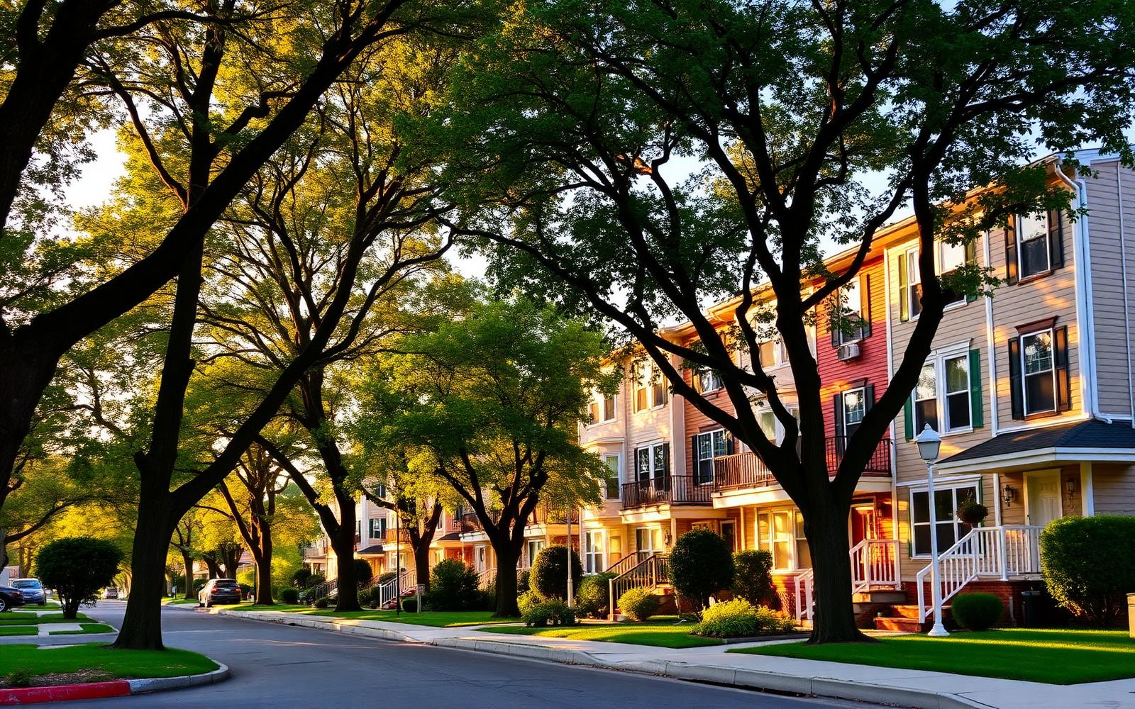 Row of investment rental properties on a tree-lined street